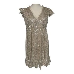 Mink By‎ MNK Champagne Sequin Tulle Ruffle V-Neck Dress Women's Medium